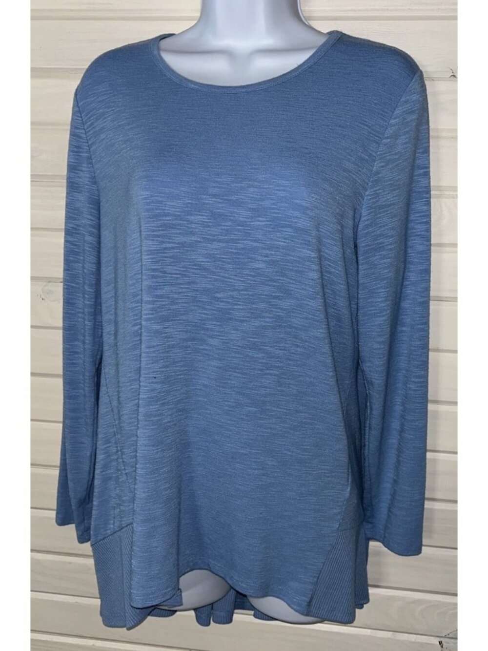 Chicos Sz 1P (PETITES MEDIUM 8/10) Blue Heather Godet Back Tunic Top Knit VGUC